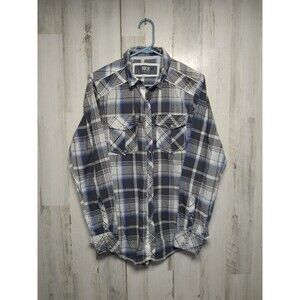 BKE Buckle Shirt Mens Medium Gray Blue Plaid Standard Fit Long Sleeve Pearl Snap